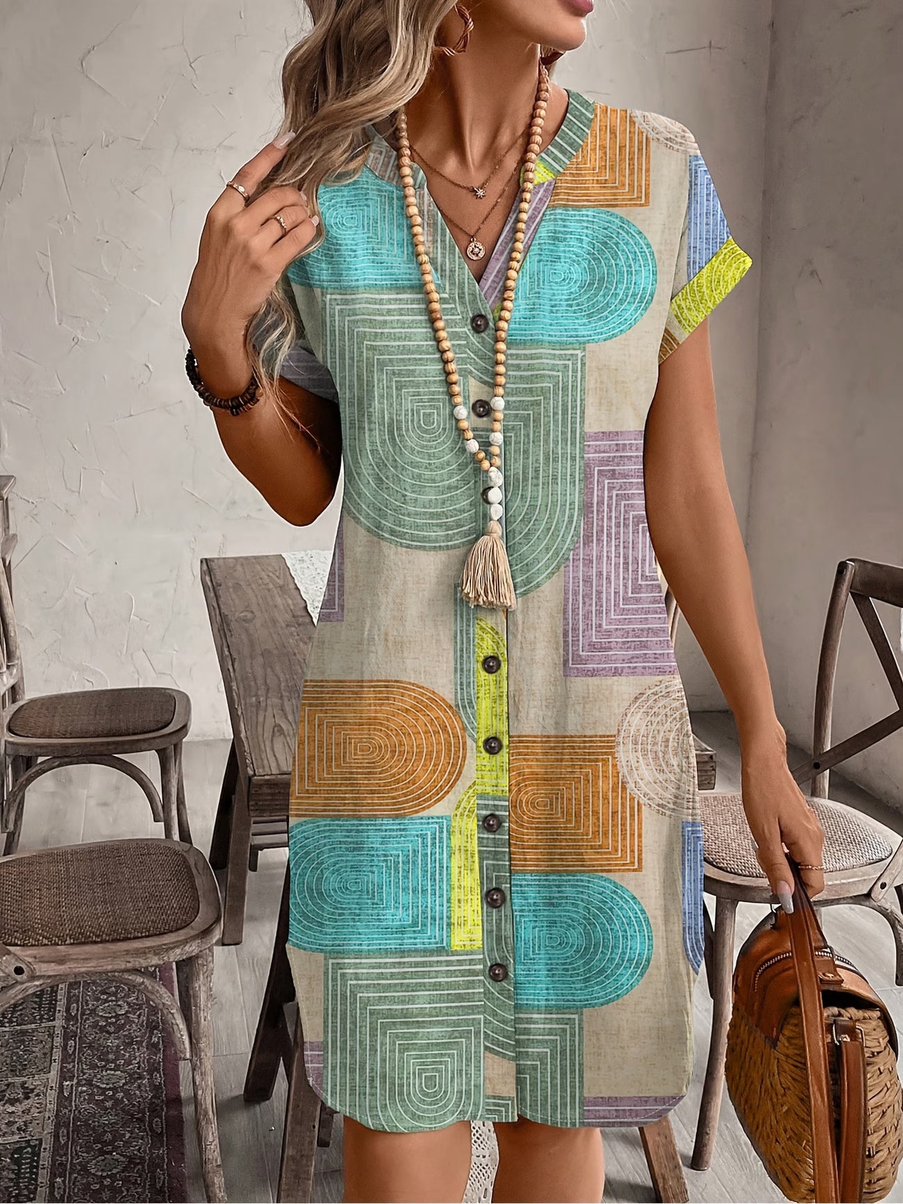 Warren | Elegant Geometric V-Neck Button Dress