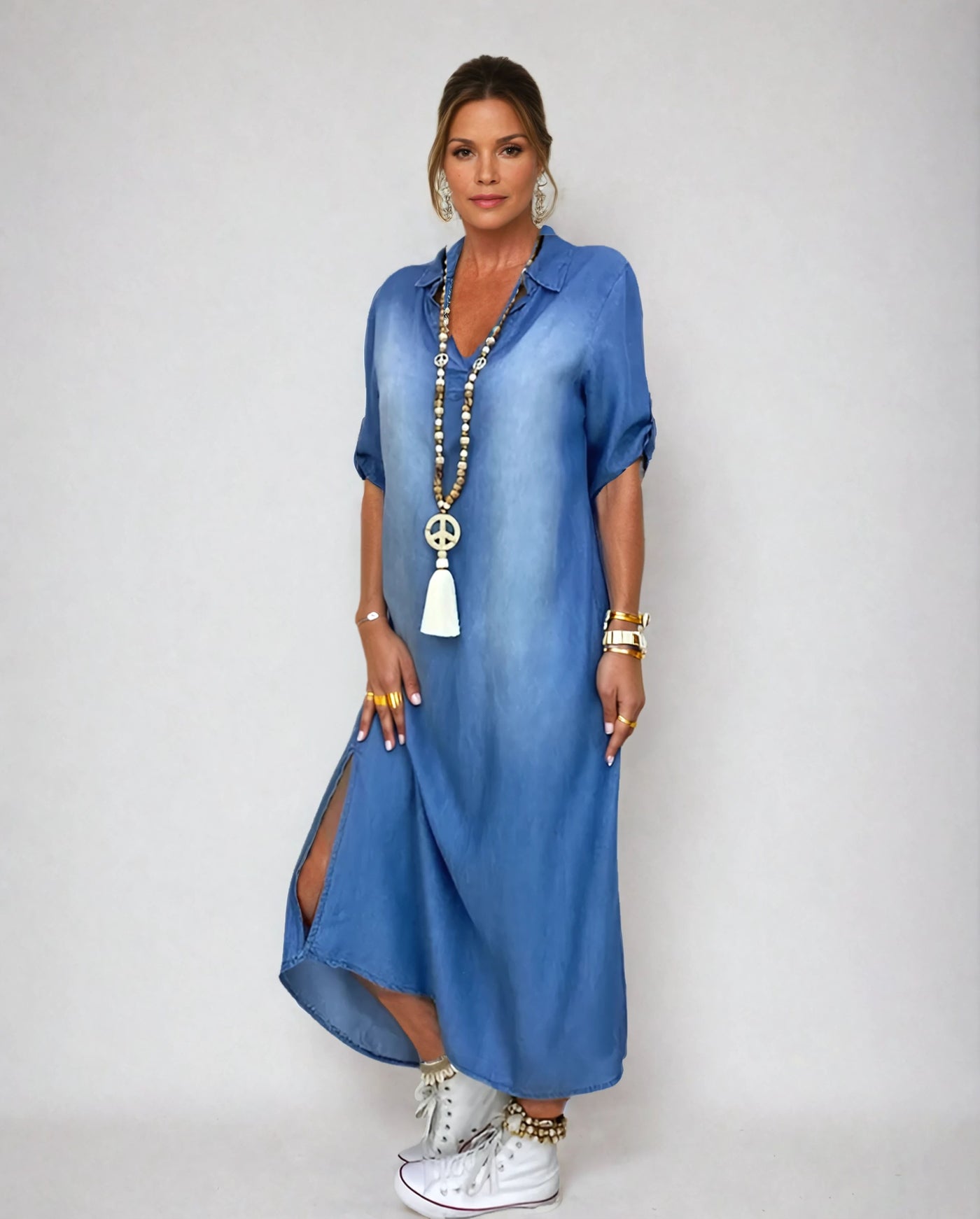 Warren | Elegant Mid Sleeve V-Neck Plain Dress