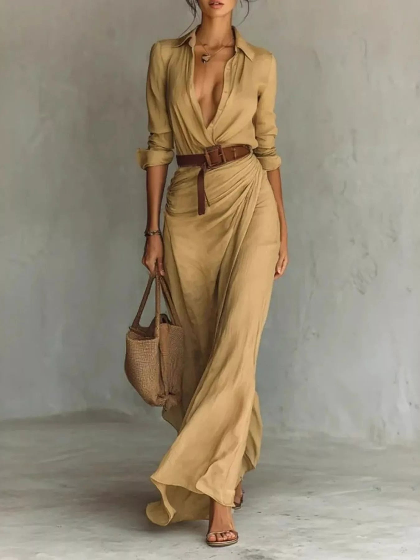 Warren | Elegant Belted Long Sleeve Maxi Dress