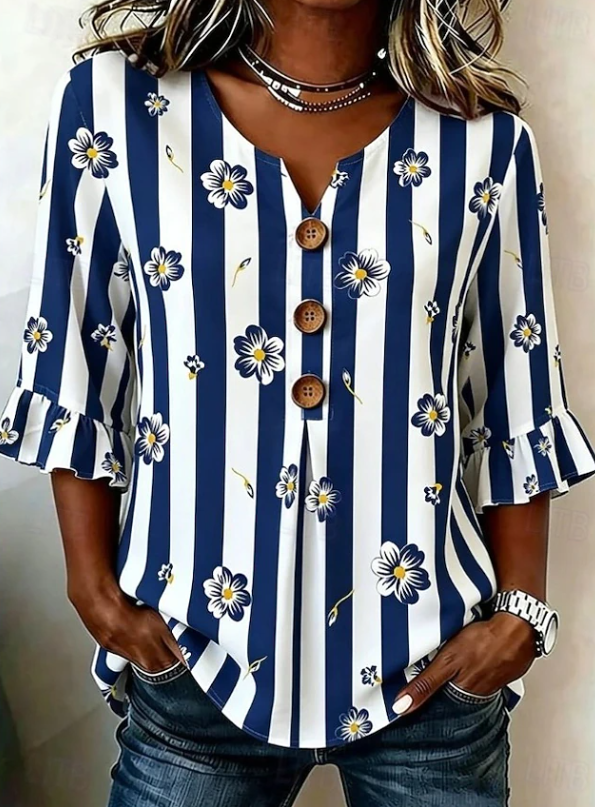 Warren | Striped Floral Bell Sleeve Blouse