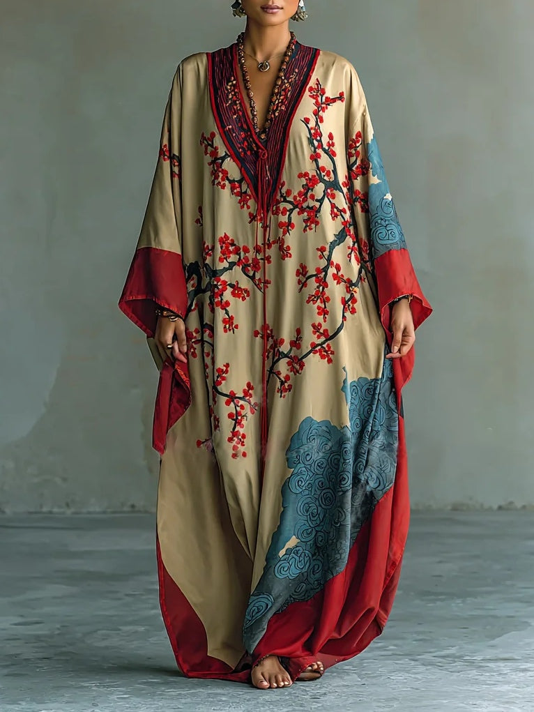 Warren | Japanese Red Plum Blossom Print Batwing Sleeve Maxi Dress
