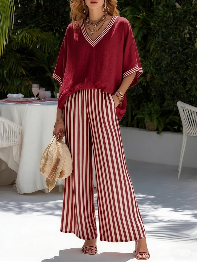Warren | Stylish V-Neck and Stripe Pants Set