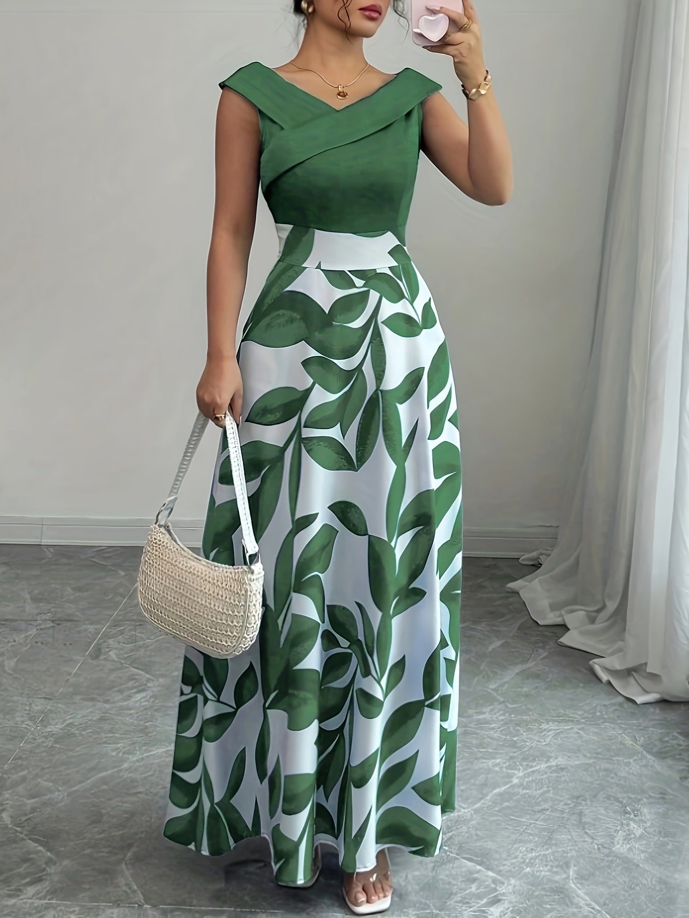 Warren | Elegant Leaf-Print A-Line Maxi Dress