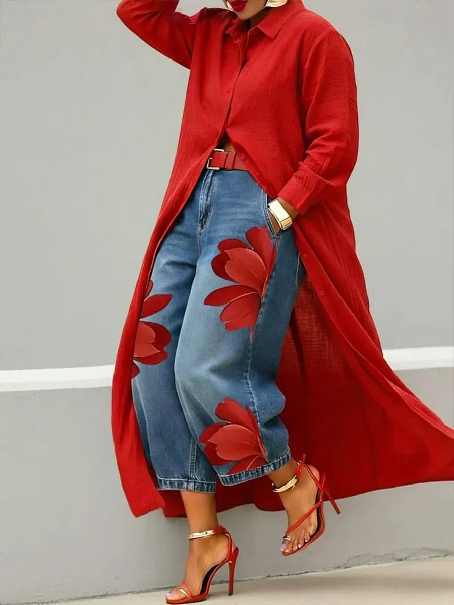 Warren |  Stylish Shirt Dress and Floral Jeans Set