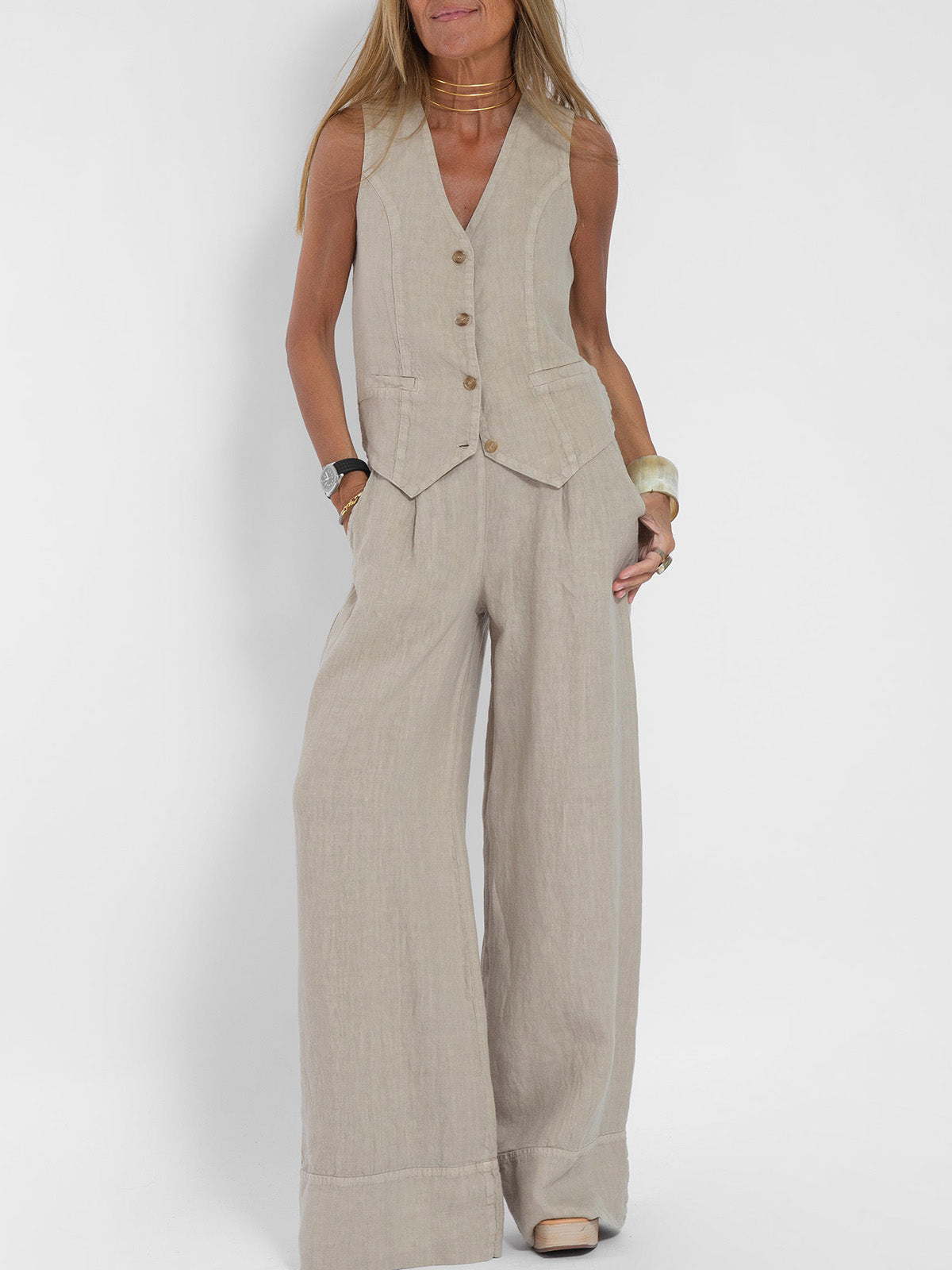 Warren | Sleeveless V-Neck & Wide-Leg Trouser Set