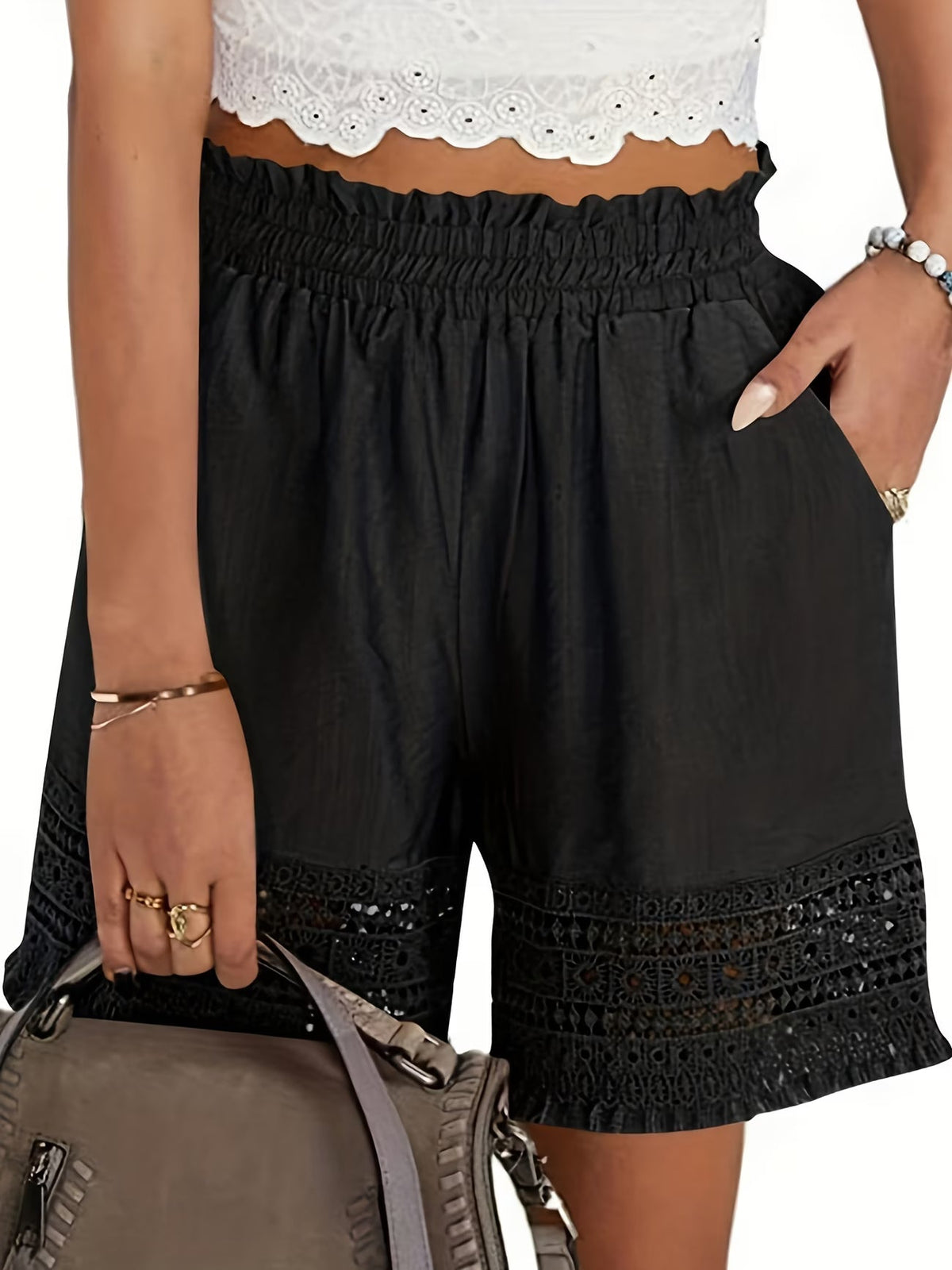 Chloette | Elegant Lace Trim Slant Pocket Shorts