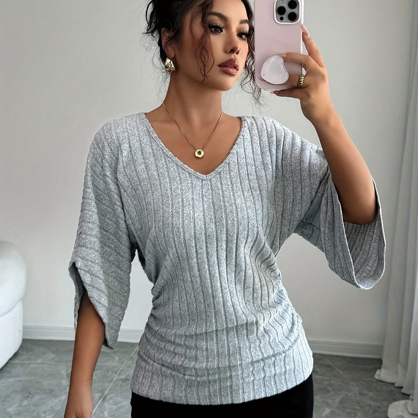 Warren | Ribbed Draped V-Neck Top