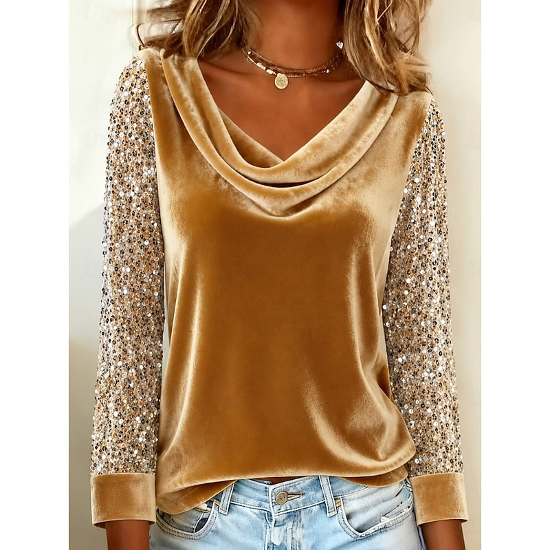 Warren | Shimmer-Sleeve Draped Cowl Neck Top