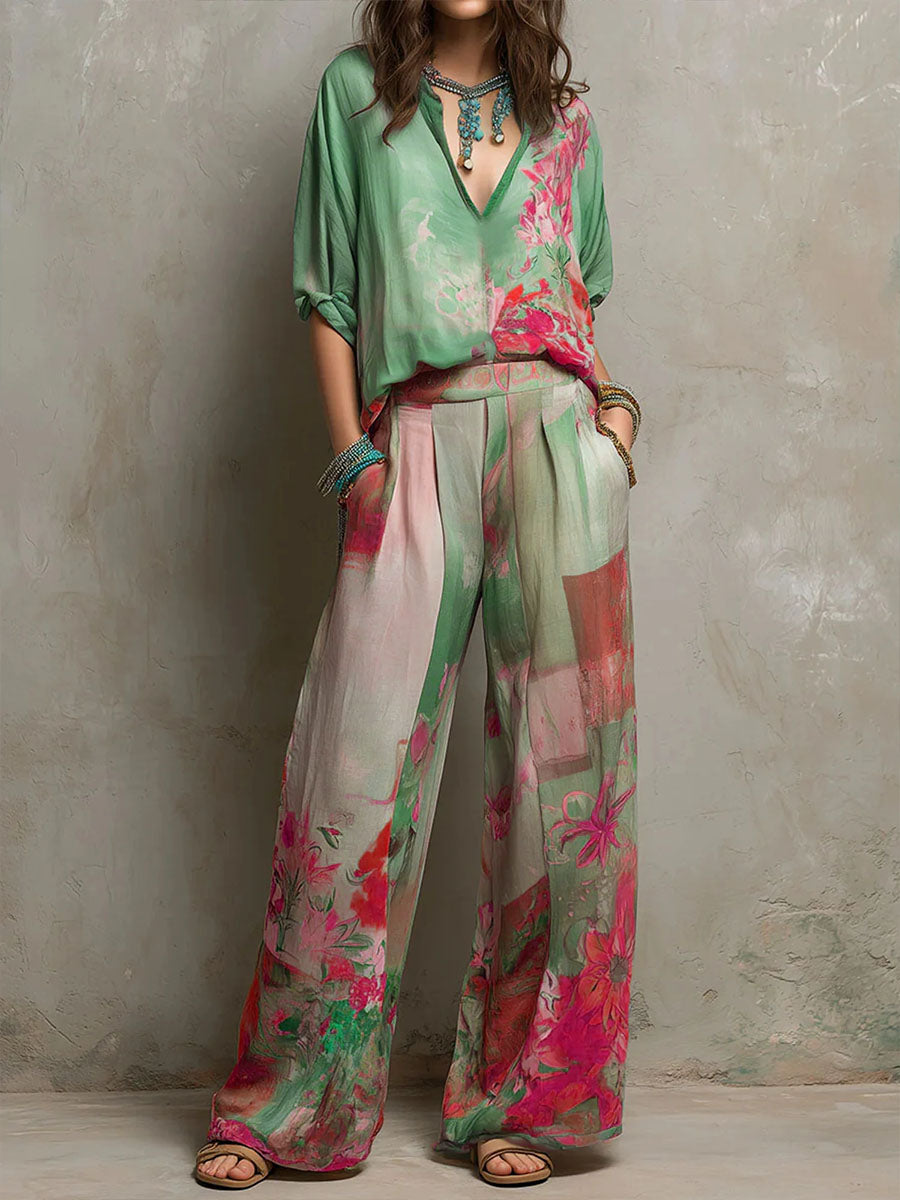 Franzel | Floral Wide-Leg Two-Piece Set