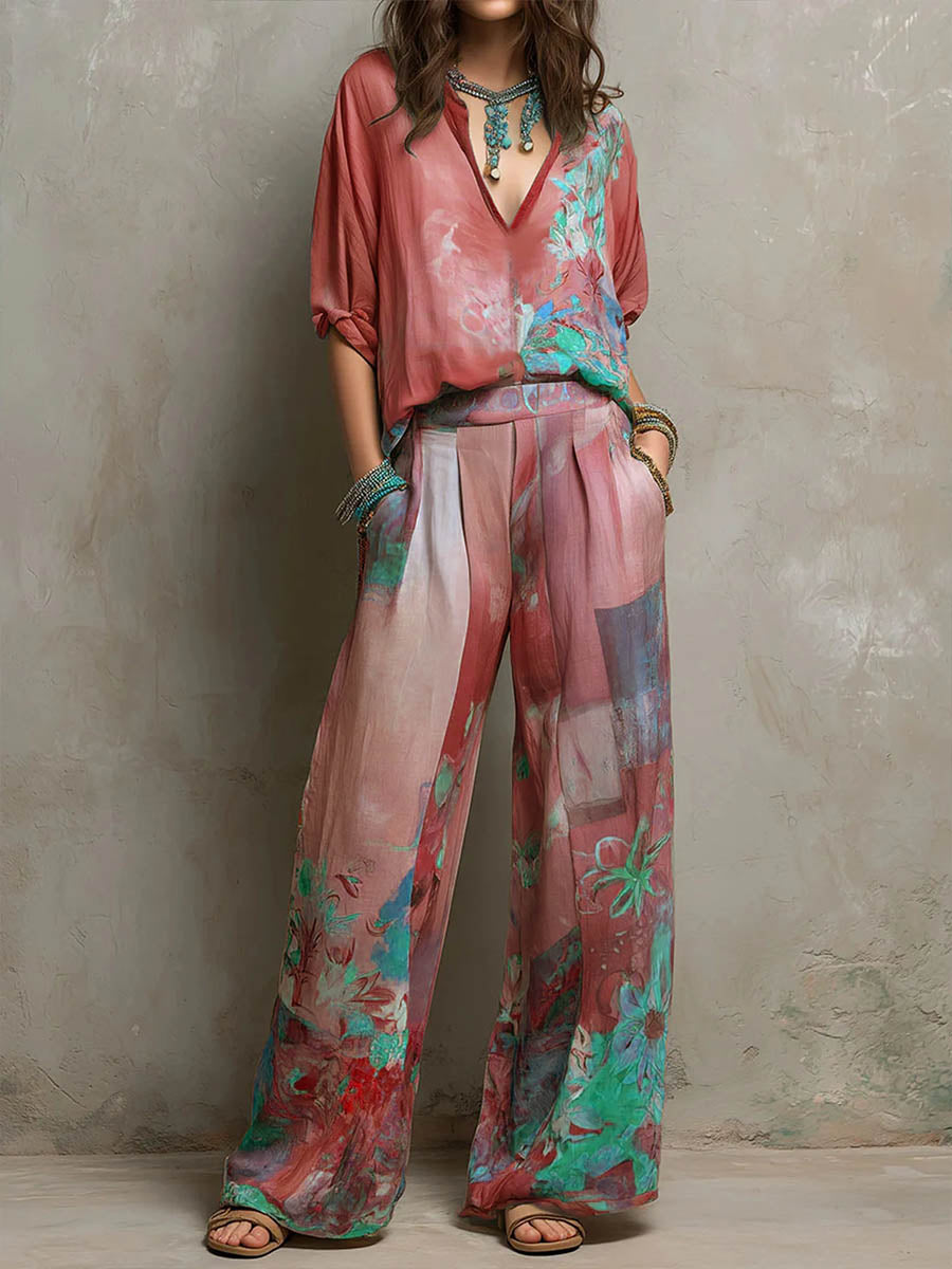 Franzel | Floral Wide-Leg Two-Piece Set